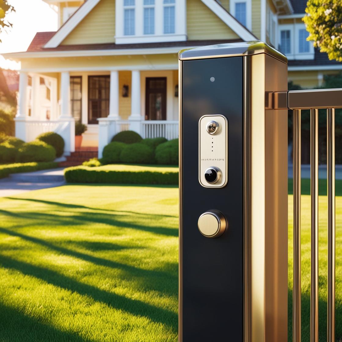 electric gate with intercom in the front yard of a house