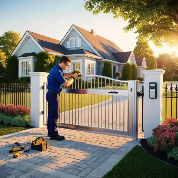 Automatic Gate Maintenance and Repairs by Auto Gate Guys Gold Coast, with a technician working on a driveway gate in a coastal residential setting.